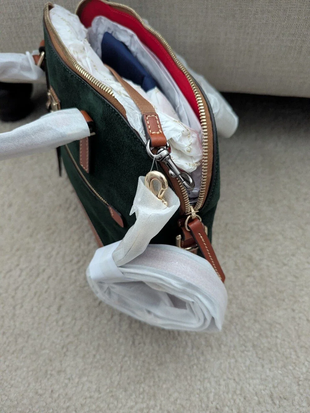 Dooney & Bourke Green Ivy Suede and Brown Leather Dome Zip Satchel